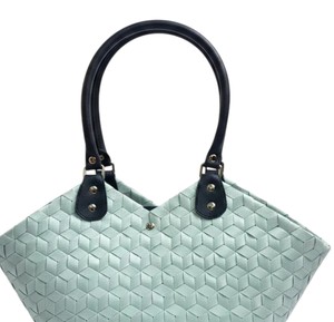 Trendy Light Green Geometric Woven <b>Plastic</b> Handbag And Handmade Bag High Quality Black Leather Strap Vacation <b>Tote</b> - Product Image 2