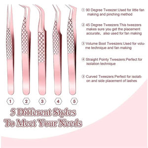 MAHFOOZ INSTRUMENTS ชุดแหนบต่อขนตาสแตนเลส 5 ชิ้น สำหรับต่อขนตาแบบวอลลุ่ม ป้องกันไฟฟ้าสถิตย์ และทนทาน - Product Image 4