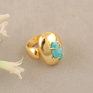 Natural Kingman Turquoise Gemstone Brass <b>Ring</b> Unique Trendy Punk Fashion Jewelry 18K Gold Plated Marquise Shape <b>Adjustable</b> <b>Ring</b> - Product Image 4