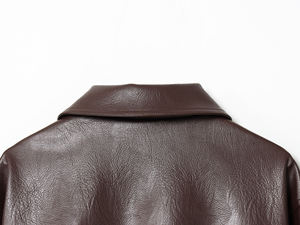 Blouson en simili cuir marron avec col rabattu, fermeture éclair sur le devant, manches longues, vêtement d'automne - Product Image 2