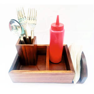 Organizador de Cubiertos de Madera de Acacia Premium - Organizador Multiusos para Mesa de Comedor de Restaurante con Porta Servilletas y Almacenamiento para Botellas de Salsa - Product Image 3