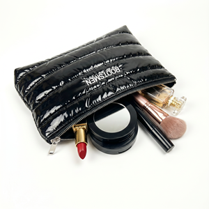 Rootsmen Custom Black Puffy Quilted Nylon Water Resistant Lightweight Fashion Travel <b>Makeup</b> Bag Cosmetic Pouch Hanging Large - Product Image 2