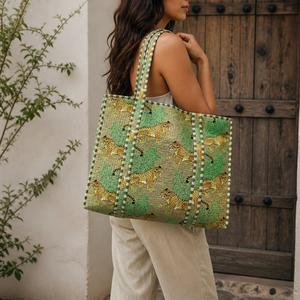 Tote Bag Quilted Hand Block Printed Cotton Canvas Bohemian Beach Shopping <b>Large</b> Capacity Green Animal Leopard <b>Print</b> Women - Product Image 2