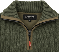 Pull tricoté pour homme Livster vert olive à demi-zip avec bordure contrastante beige, manches longues, chaud pour l'hiver, tricot côtelé de haute qualité