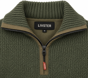 Pull tricoté pour homme Livster vert olive à demi-zip avec bordure contrastante beige, manches longues, chaud pour l'hiver, tricot côtelé de haute qualité - Product Image 4
