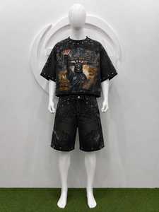 Men's Summer Y2K Black Washed Graphic T Shirt Denim Shorts Set Oversized <b>Crop</b> <b>Top</b> <b>Rhinestone</b> Studded Vintage Streetwear Outfits - Product Image 2