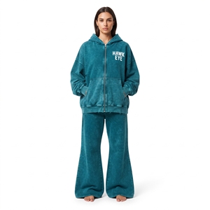 Conjunto de dos piezas para mujer: Sudadera con capucha de cremallera completa con lavado ácido y efecto desgastado, y jogger de pierna ancha acampanada de algodón polar, estilo streetwear. - Product Image 3
