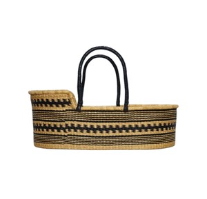 Woven striped <b>seagrass</b> changing <b>basket</b> integrated with rattan changing kid <b>basket</b> and black handles for diaper <b>storage</b> - Product Image 3