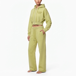 Ensemble de survêtement deux pièces pour femme, sweat à capuche court entièrement zippé à épaules tombantes et manches longues en molleton de coton, et pantalon de jogging à jambes larges - Product Image 2