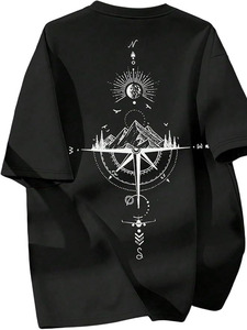 T-shirt noir pour homme, coupe classique, imprimé boussole de montagne sur le devant, manches courtes, jersey décontracté, 100% coton, respirant - Product Image 1
