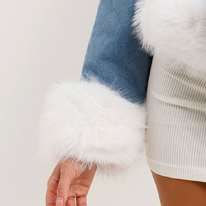 New Casual Autumn Women's Denim Jacket Heavyweight Faux Fur Sleeves Customizable Ripped Button Style - Product Image 2