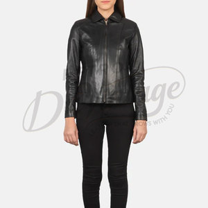 Premium Women Black Real <b>Leather</b> <b>Jacket</b> Classic Shirt Collar Slim Fit Soft Sheepskin Casual Office Wear <b>Leather</b> Coat - Product Image 2