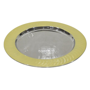Assiette de présentation en acier inoxydable avec bord émaillé jaune – Assiette décorative en métal durable pour mariages et décoration de table de restaurant - Product Image 1