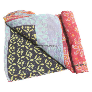 New Block Print Indian Ethnic Cotton Reversible Sari Kantha Quilt Indian Reversible Hand <b>Stitched</b> Heavy <b>Throw</b> Old Sari Blanket - Product Image 3