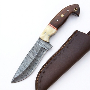 Cuchillo de Desollar de Acero de Damasco Hecho a Mano, Mango de Madera y Hueso con Funda de Cuero, para Caza, Camping, EDC, Hoja Fija para Exteriores - Product Image 1