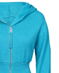 Womens Teal Blue <b>Cropped</b> <b>Zip</b> <b>Up</b> Hoodie Slim Fit Long Sleeve Casual Streetwear Cotton Fleece Sweatshirt Custom Logo ODM Factory - Product Image 4