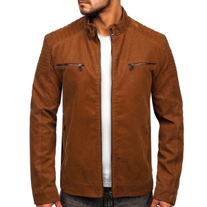<b>Men's</b> Brown PU Moto <b>Jacket</b> Stand Collar Zipper Closure Slim Fit Regular Length Solid Color Eco-Friendly <b>Leather</b> <b>Jacket</b> - Product Image 1