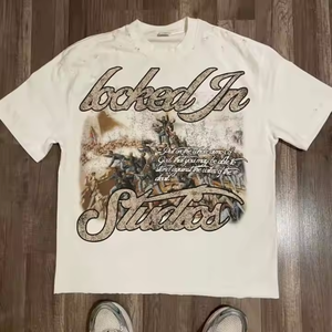 Camiseta de algodón de manga corta con cuello redondo y estampado frontal para hombre Locked Studios, estilo hip hop, de punto, corte oversize. - Product Image 1