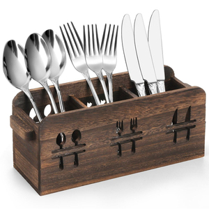 Sustainable Wood 3-Compartment Utensil Holder Organizer <b>Basket</b> for Flatware Cutlery Counter Top Dining <b>Table</b> Kitchen - Product Image 5