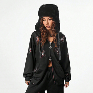 Conjunto Deportivo de Invierno Unisex 100% Algodón Negro con Pedrería, Sudadera con Cremallera y Pantalones, Ropa Urbana con Adornos, Conjunto Casual de 2 Piezas, Moda Y2K - Product Image 2