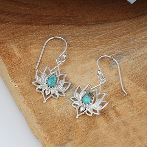 Pendientes de Flor de Loto con Turquesa Natural, Hechos a Mano, Plata de Ley, Joyería Boho para Mujer, Pendientes Colgantes - Product Image 5