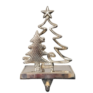 Soporte para calcetines de Navidad de metal plateado, colgador para chimenea, elegante diseño de árbol de pino doble, decoración para el hogar - Product Image 1