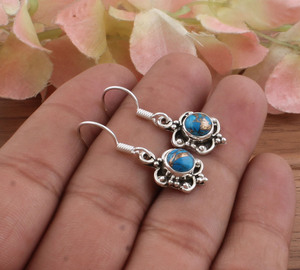 Boucles d'oreilles pendantes de luxe faites à la main en argent sterling et turquoise cuivre bleu naturel pour femmes - Cadeau de mariage et de fête - Product Image 3