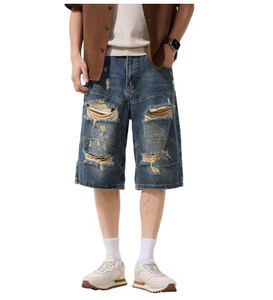 Shorts en jean baggy déchirés pour hommes, style streetwear, patchwork, trous, style hip-hop et motard - Product Image 4