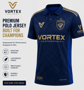 Maillot de football personnalisé bleu marine de qualité supérieure, uniforme d'équipe sportive avec rayures dorées et tissu performant à séchage rapide - Product Image 2