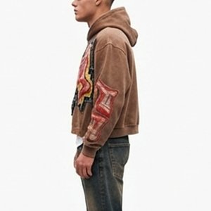 Sweat-shirt à capuche surdimensionné pour homme, le plus demandé, avec imprimé floqué squelette, en molleton de coton marron, style streetwear, pour l'automne - Product Image 3