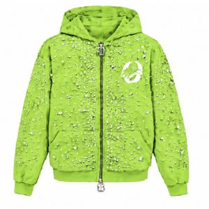 <b>Lime</b> <b>Green</b> Pearl Full Zip Hoodie Crystal Studded Fashion Streetwear <b>Jacket</b> Long Sleeve Hooded Sweatshirt With Front Pocket - Product Image 1
