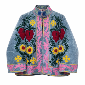 Chaqueta Bomber Bordada en Terciopelo Azul Hecha a Mano para Mujer, Mangas Largas, Cuello Alto, Abrigo de Invierno con Bolsillos - Product Image 1