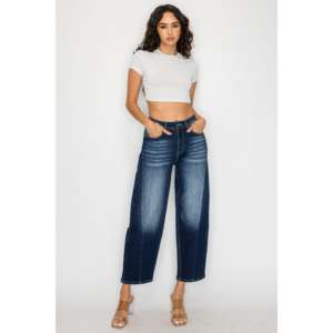 Jean en denim bleu foncé taille haute à jambe large, séchage rapide, léger, tissé, uni, pour l'été, le voyage, les activités de plein air et les loisirs - Product Image 2