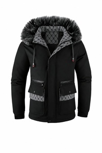 Men's Winter Puffer <b>Jacket</b> Hooded Faux Fur <b>Lined</b> Windproof Casual Geometric Pattern Zipper Front Regular Fit Polyester/Cotton - Product Image 2