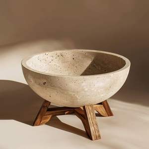 Bol en pierre de travertin sur base en bois, design élégant, couleur beige neutre, parfait pour la décoration du salon ou du bureau, touche naturelle - Product Image 1