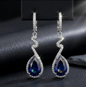 Blue Hydro Dangle Earrings 5 Inch Length Pear Cut with CZ 925 <b>Sterling</b> <b>Silver</b> 18K Gold Plated Statement Jewelry - Product Image 2