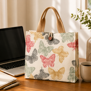 Premium Cotton Canvas Tote <b>Bag</b> Multicolor Butterfly Design Double Short Handles <b>Medium</b> <b>Size</b> Reusable Shopping Handbag Eco - Product Image 3