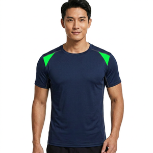 Camiseta Deportiva de Manga Corta Azul Marino para Hombre, Corte Ajustado, con Detalles en Verde Neón, de Secado Rápido, Tejido de Poliéster, Cuello Redondo - Product Image 6