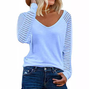 Camiseta de Manga Larga a Rayas con Parches para Mujer, Tallas Grandes, Casual, Transpirable, Antipilling, Venta al por Mayor, Nueva y de Moda - Product Image 5