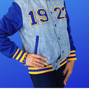 SGRho 1922 Light Blue <b>Denim</b> Bomber <b>Jacket</b> Royal Blue Sleeve Varsity Style Embroidered Crest Sorority College Casual Fashion - Product Image 3