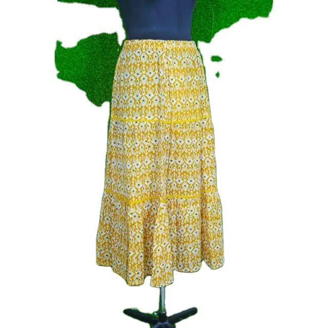 हस्तनिर्मित कॉटन विंटेज स्टाइल कॉटन स्कर्ट, बोहो हिप्पी स्कर्ट, महिलाओं के लिए रैप स्टाइल ड्रेस हैंड ब्लॉक प्रिंटेड स्कर्ट