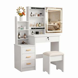 Toeletta con Specchio Scorrevole e Luci, Set Trucco con 4 Cassetti, Sgabello, Scaffali Aperti e Illuminazione Regolabile a 3 Colori - Product Image 6