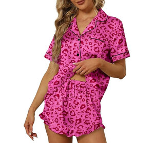Ensemble de pyjama pour femmes à imprimé léopard rose, manches courtes, col rabattu, fermeture à boutons, vêtements de nuit décontractés, style estival - Product Image 1