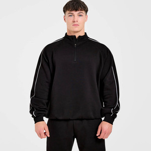 Wholesale OEM Custom <b>Black</b> High Neck <b>Men's</b> Half Zip Piping Hoodie Cotton Blended Breathable Tracksuit Streetwear Hoodie For <b>Men</b> - Product Image 1