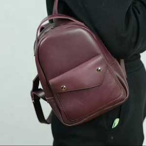Minimalist Genuine Leather Women's <b>Mini</b> <b>Backpack</b> Burgundy Square Shape Shoulder Strap Zipper Closure Daily Use Softback - Product Image 1