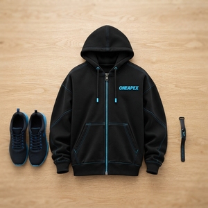 Men's Black Zip Up <b>Hoodie</b> Blue Contrast <b>Stitching</b> <b>Oversized</b> Streetwear Fleece Jacket Casual Sportswear Custom Wholesale - Product Image 4