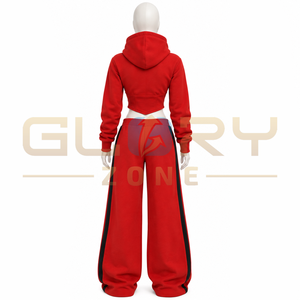 Custom Red Cropped Hooded Tracksuit Set Wide Leg Pant Contrast Side Stripe <b>Zipper</b> <b>Jacket</b> Street Style Outfit for Women Fashion - Product Image 3
