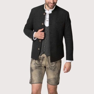 Veste traditionnelle européenne unisexe en laine noire, style Lederhosen, brodée et matelassée, avec doublure en soie respirante et chauffante pour l'hiver. - Product Image 1