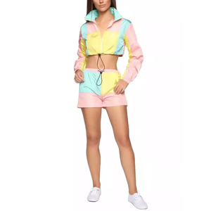 Women's Casual Solid Nylon/Polyester High Quality Anti-Bacterial Track Suits <b>Crop</b> <b>Top</b> Windbreaker Jacket Shorts Set Workout - Product Image 2