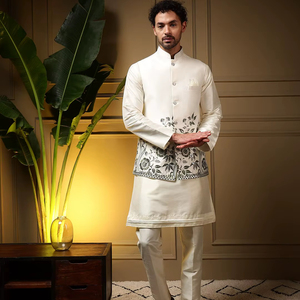 Conjunto de Kurta y Pantalón Daman Koti de Seda Pesada para Hombre con Bordado y Lentejuelas, Traje Étnico de Seda Slub para Fiestas y Bodas - Product Image 1